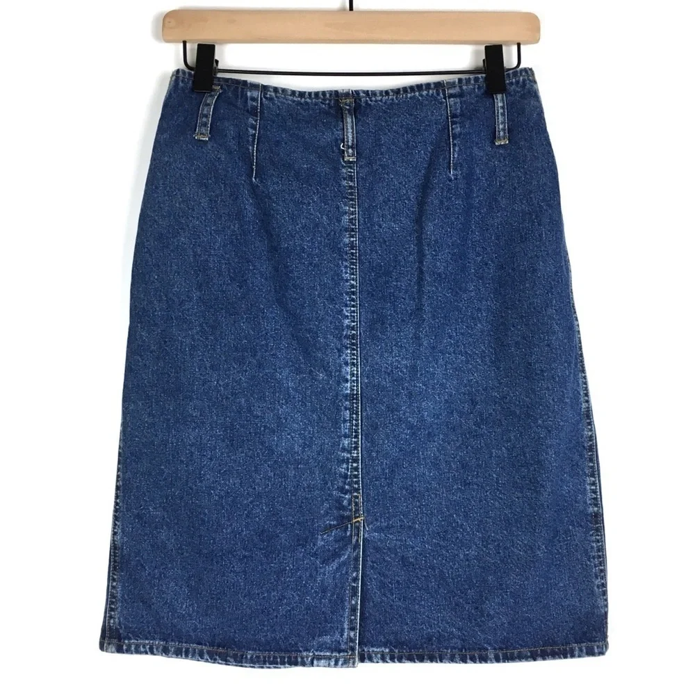 VINTAGE Jean Skirt 90s Y2K Denim Button Front Retro Modest Minimalist Size 9/10